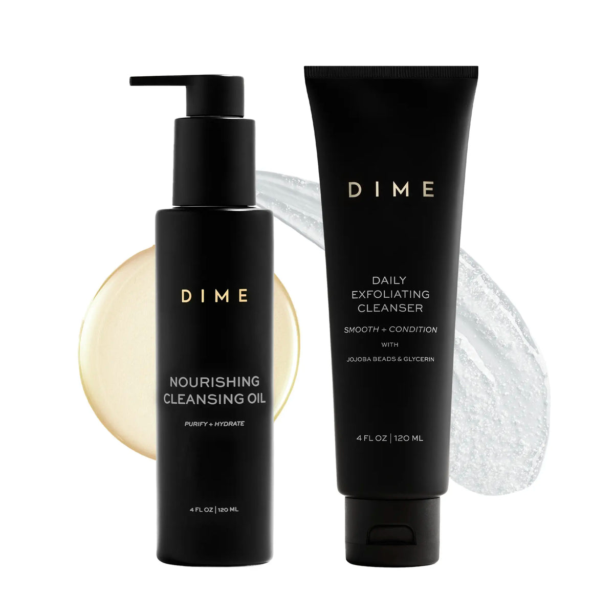 Two black DIME cleansing products: nourishing cleansing oil with pump dispenser and daily exfoliating cleanser tube, each 4 f