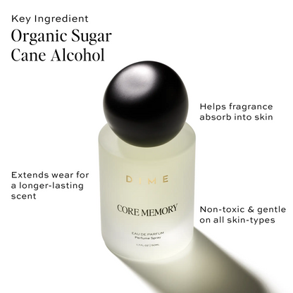 Core Memory perfume bottle with pale yellow liquid, black spherical cap, and product label with key ingredients and benefits 