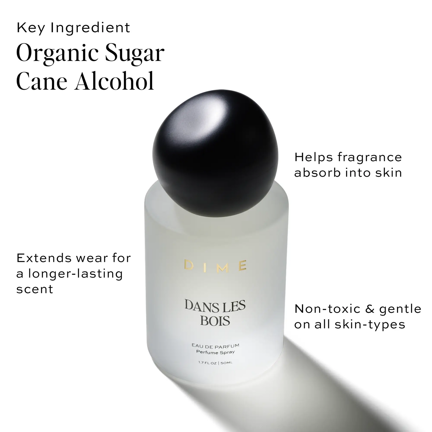 Frosted glass perfume bottle with black spherical cap labeled "Dans Les Bois" eau de parfum spray.