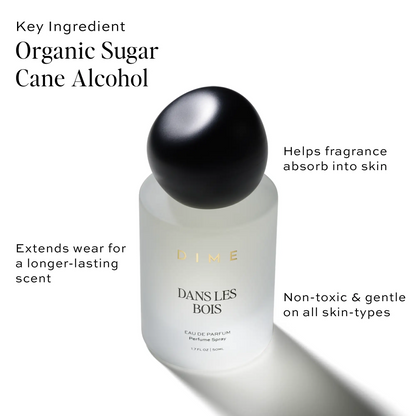 Frosted glass perfume bottle with black spherical cap labeled "Dans Les Bois" eau de parfum spray.