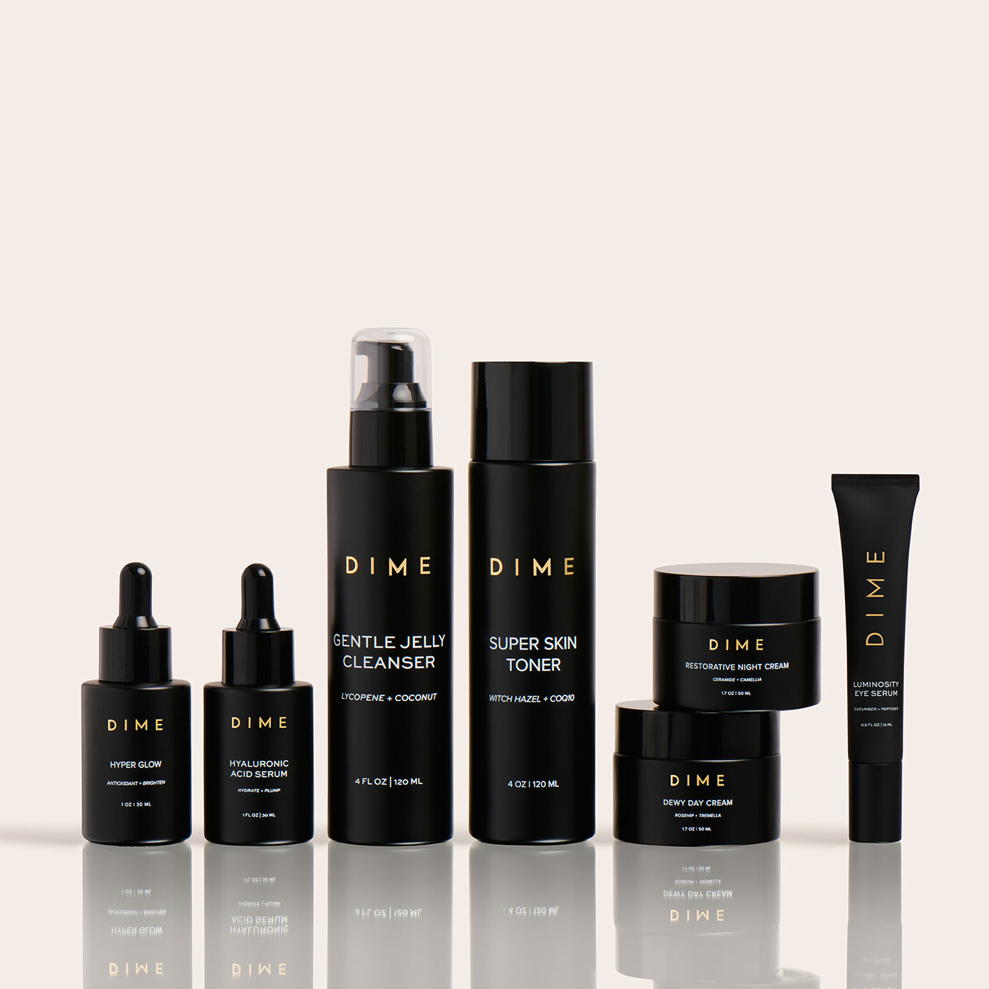 Six black DIME skincare bottles and tubes containing cleanser, toner, serums, and creams arranged in a row.