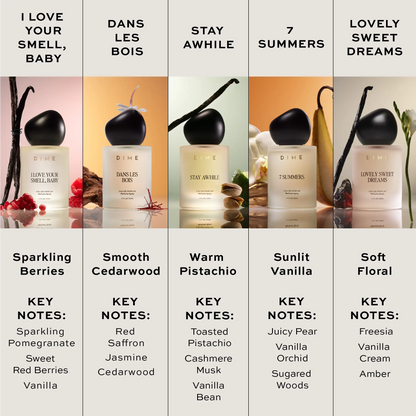 Black spherical perfume bottle with cream label and vanilla bean beside it on white surface.