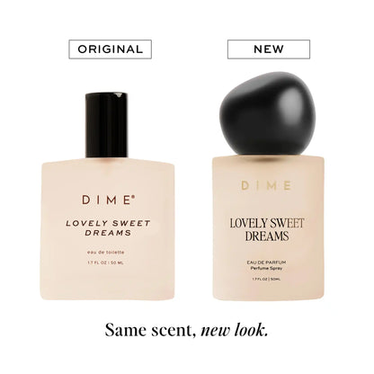 Two DIME Lovely Sweet Dreams perfume bottles side by side: original cylindrical bottle with black cap and new spherical black