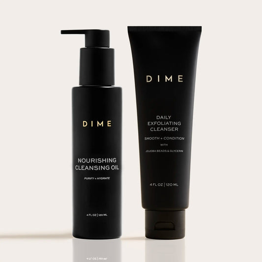 Two black DIME skincare bottles: nourishing cleansing oil with pump dispenser and daily exfoliating cleanser tube, each 4 fl 