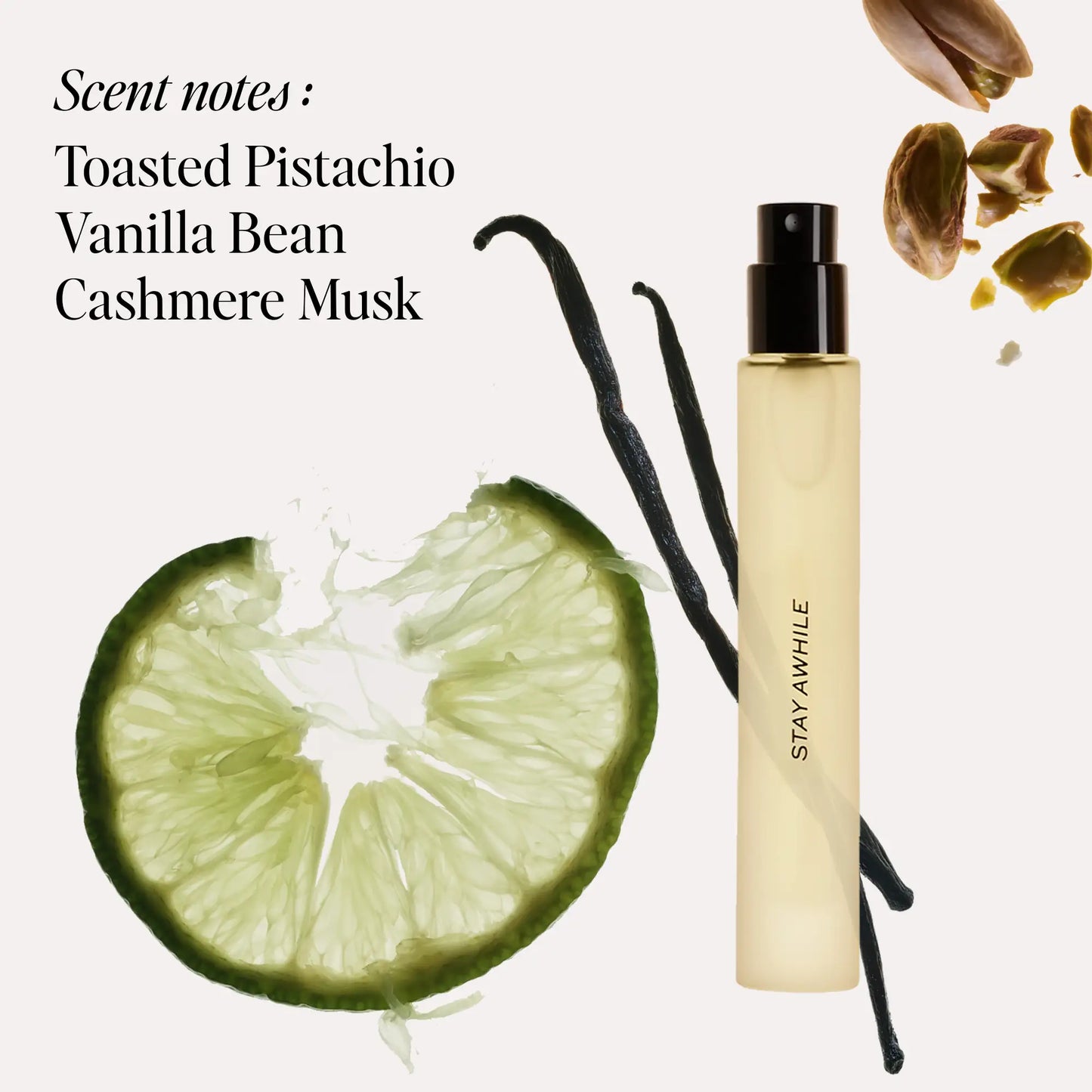 Pale yellow travel perfume spray bottle with black atomizer, surrounded by vanilla beans and lime slice.