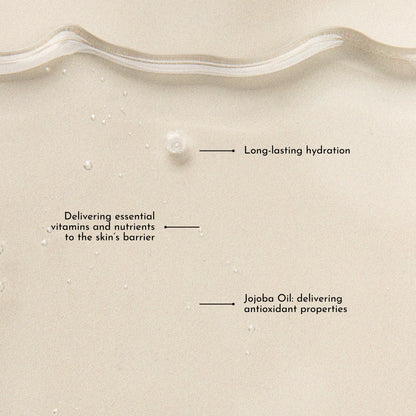Beige textured product surface with liquid droplets and wavy ribbon detail, showing hydration and ingredient benefits.